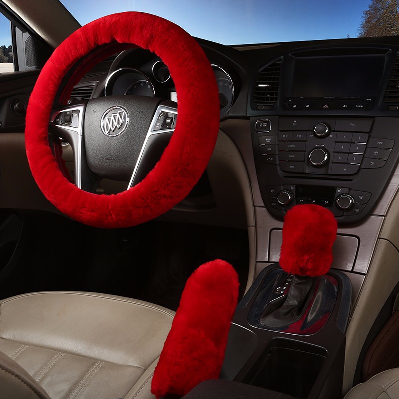 3pcs Plush Car Interior Steering Wheel Covers Winter Faux Wool Hand Brake & Gear Cover Sets