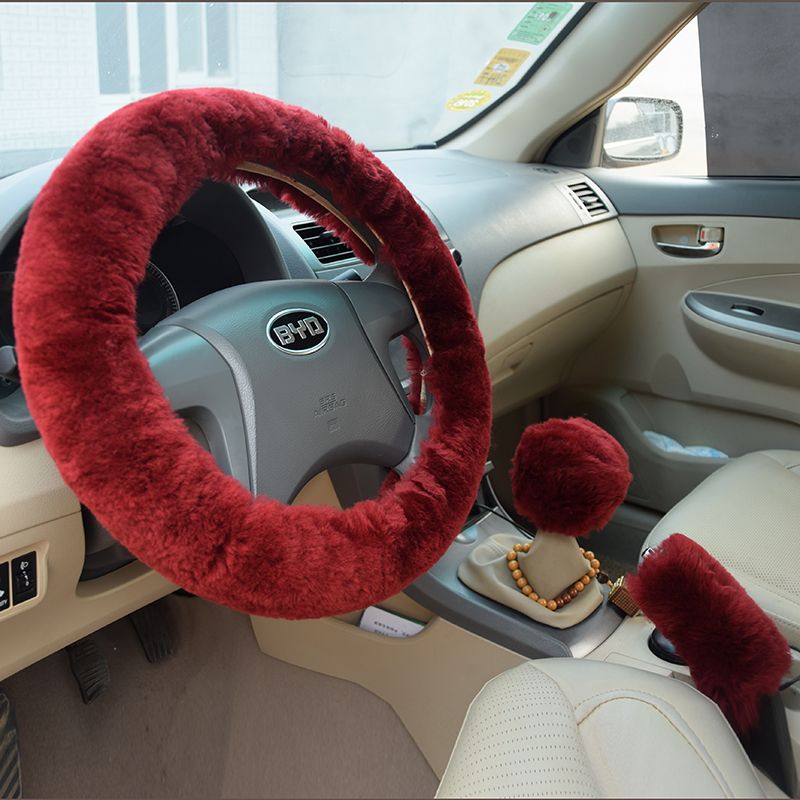 3pcs Plush Car Interior Steering Wheel Covers Winter Faux Wool Hand Brake & Gear Cover Sets