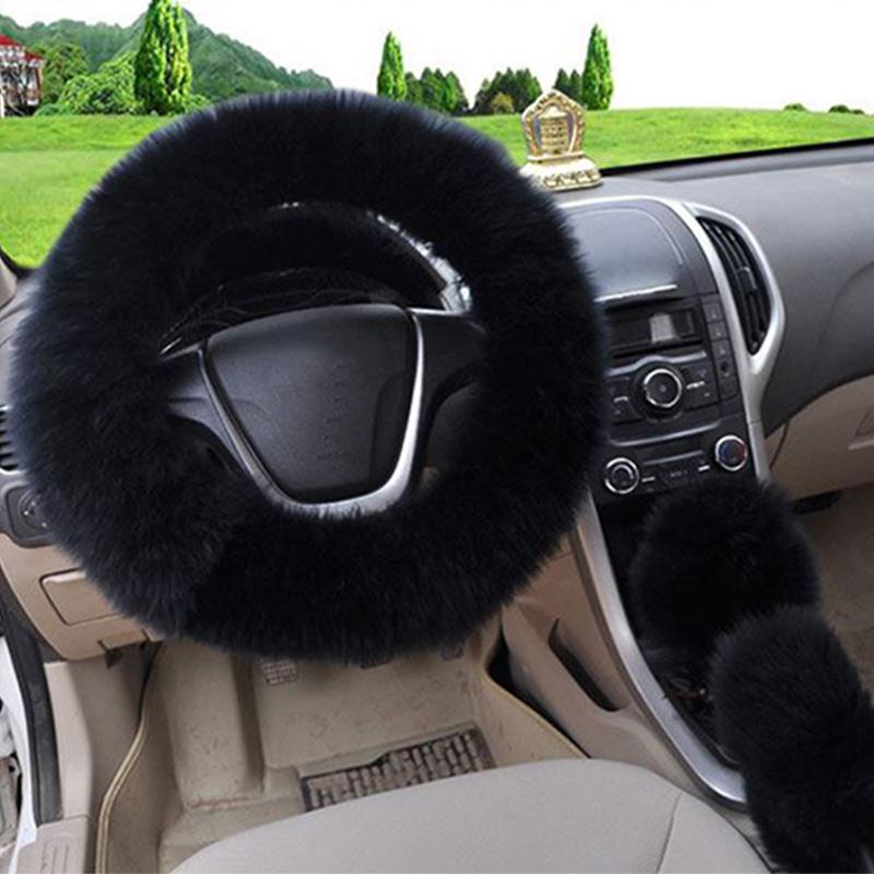 3pcs Pure Wool Steering Wheel Covers Long Wool Plush Woolen Winter Car Accessory