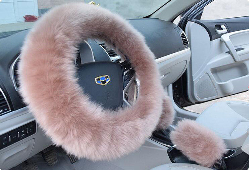 3pcs Pure Wool Steering Wheel Covers Long Wool Plush Woolen Winter Car Accessory