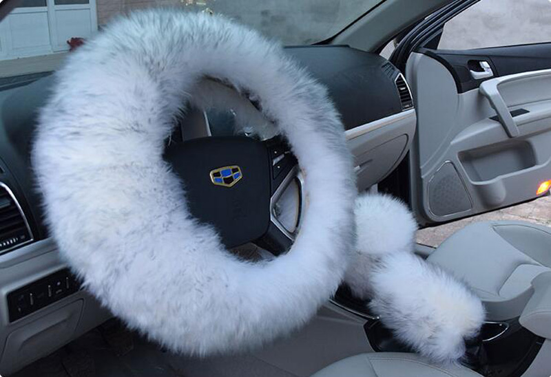 3pcs Pure Wool Steering Wheel Covers Long Wool Plush Woolen Winter Car Accessory