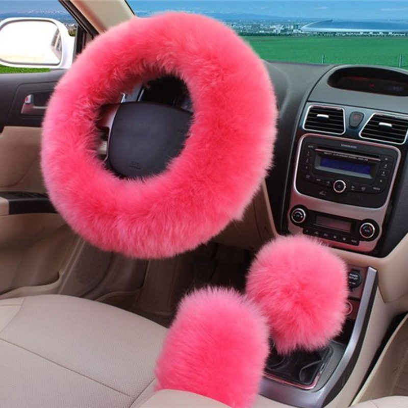 3pcs Pure Wool Steering Wheel Covers Long Wool Plush Woolen Winter Car Accessory