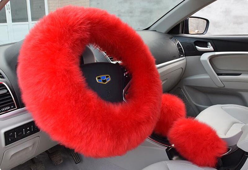 3pcs Pure Wool Steering Wheel Covers Long Wool Plush Woolen Winter Car Accessory