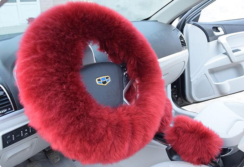 3pcs Pure Wool Steering Wheel Covers Long Wool Plush Woolen Winter Car Accessory