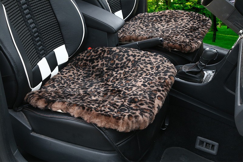 3pcs Retro Leopard Print 100% Wool Car Seat Pads Winter Warm Universal Sheepskin Fur Mats