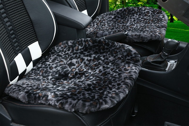 3pcs Retro Leopard Print 100% Wool Car Seat Pads Winter Warm Universal Sheepskin Fur Mats