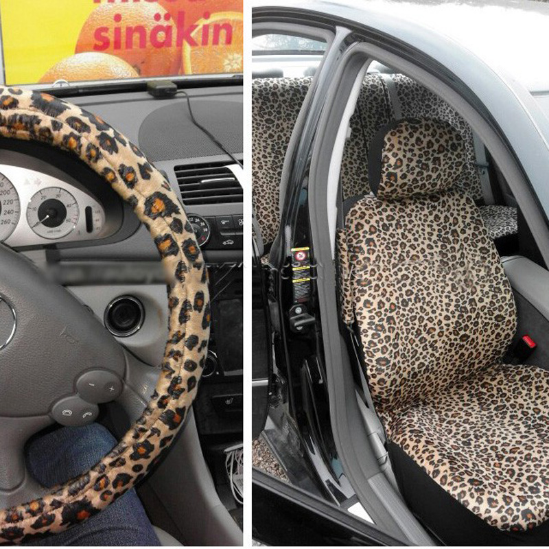 Fashion Leopard Print Car Seat Covers Women Plush Universal Fit Most SUV 12pcs