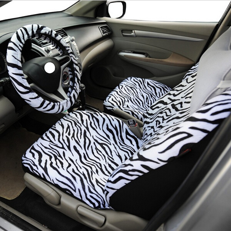 Luxury Short Plush Zebra Stripe Cars Seat Covers Universal Shoulder Pad 12pcs Set - White