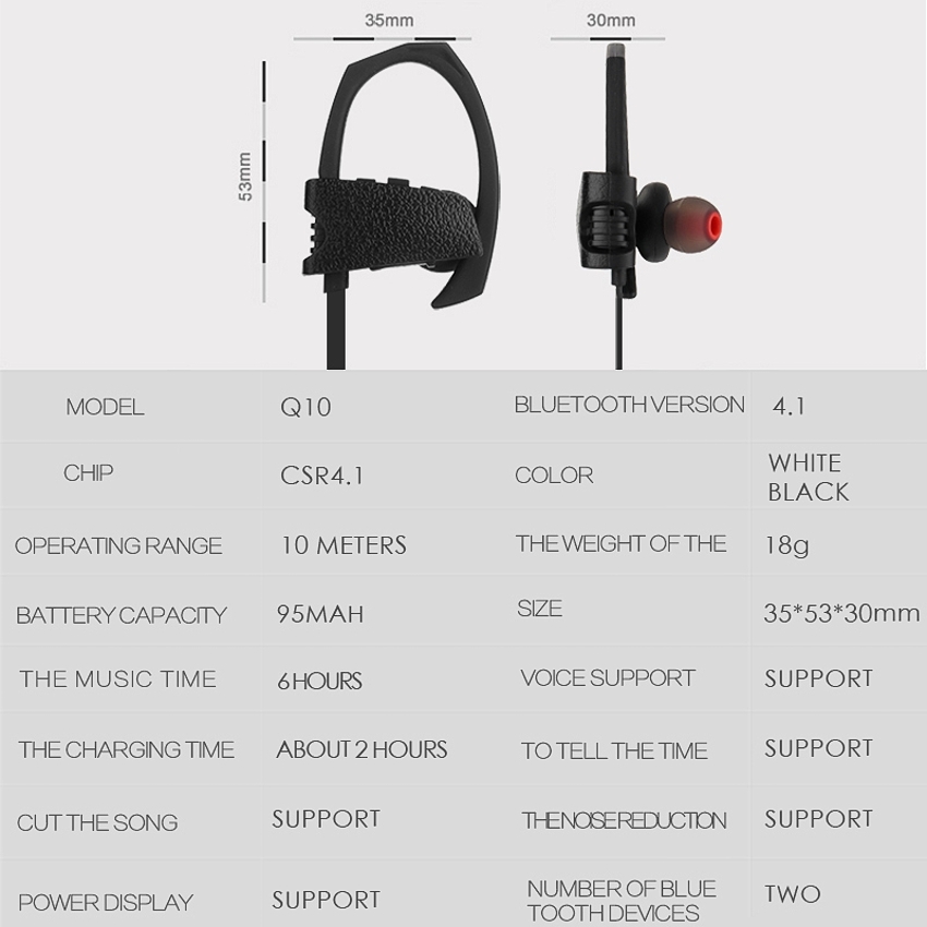 OEM/ODM AF-Q10 HD Wireless Waterproof Top 10 Sport Ear Hook Anti Sweat Bluetooth 4.1 Earphone